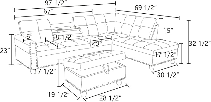 L Shaped Sofa with Ottoman Modern Sectional Living Room, Bedroom, Office, L Couch Ginger - LeafyLoom