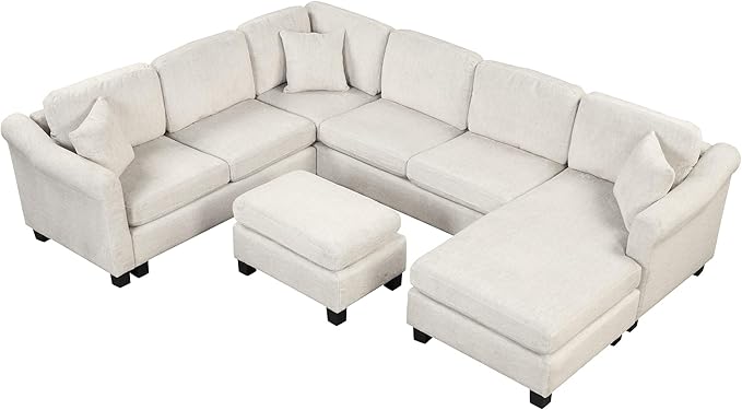 122.1" Modern U-Shape Sectional Sofa with Right Side Chaise & Removable Ottoman, Velvet Upholstered Couch w/ 3 Pillows, for Living Room, Apartment, 122.1 Inch, White - LeafyLoom