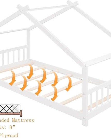 Montessori Floor Bed Frame Twin Size, Twin Floor Bed Frame with Headboard, Footboard and Slats, Wood Montessori Bed Frame/Montessori House Bed for Kids, Girls, Boys(White) - LeafyLoom