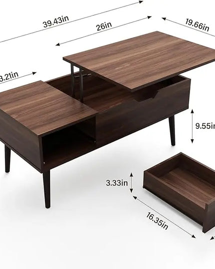 HAIOOU Lift Top Coffee Table, Mid Century Modern Coffee Tables with Drawer for Living Room, Open Storage Shelf, Walnut Cocktail Table TV Stand with Stable Pine Leg Anti-Scratching, Home, Office - LeafyLoom