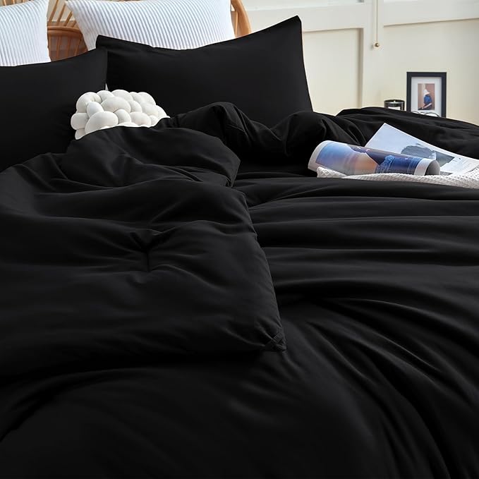 CozyLux California King Comforter Set Black, 3 Pieces Cal King Solid Breathable Boho Style Bedding Sets, Cozy Luxury Fluffy Soft Microfiber Quilt Comforter for All Season(1 Comforter & 2 Pillowcases) - LeafyLoom