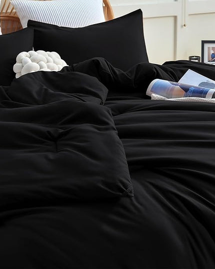 CozyLux Black Comforter Set Full Size, 3 Pieces Solid Breathable Quilted Style Bedding Sets, Luxury Fluffy Soft Microfiber Comforter for All Season(1 Comforter & 2 Pillowcases) - LeafyLoom