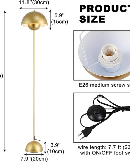 Modern Floor Lamp for Bedroom, 63'' Industrial Corner Floor Lamp for Living Room, Metal Arched Shade Tall Standing Lamp for Office, Reflecting Light Reading Floor Lamp, Gold - LeafyLoom