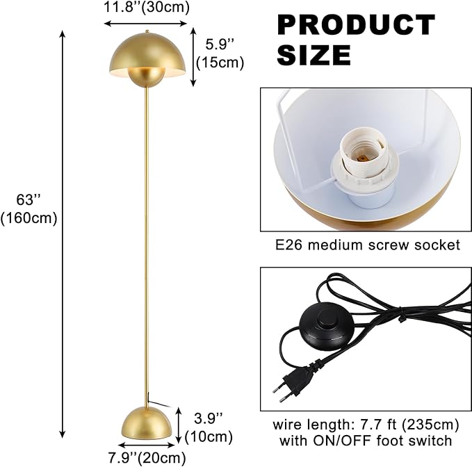 Modern Floor Lamp for Bedroom, 63'' Industrial Corner Floor Lamp for Living Room, Metal Arched Shade Tall Standing Lamp for Office, Reflecting Light Reading Floor Lamp, Gold - LeafyLoom