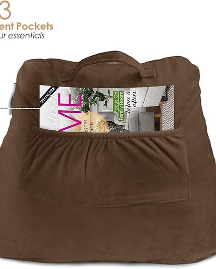 Nestl Reading Pillow with Portable Laptop Lap Desk, Velvet Feel Back Pillow for Sitting in Bed, Shredded Memory Foam Back Support Pillow for Bed, Bed Rest Pillow with Arms, Standard - Brown - LeafyLoom