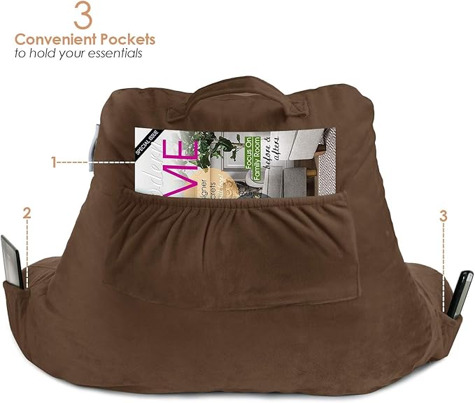 Nestl Reading Pillow with Portable Laptop Lap Desk, Velvet Feel Back Pillow for Sitting in Bed, Shredded Memory Foam Back Support Pillow for Bed, Bed Rest Pillow with Arms, Standard - Brown - LeafyLoom