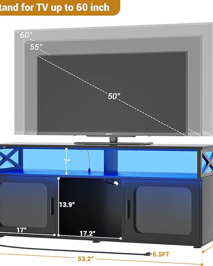 Aheaplus TV Stand for 55 60 Inch TV, Entertainment Center with LED Light & Charging Station, TV Console Table, Large Media Console Cabinet w/Soundbar Shelf, Cord Holes, for Living Room, Bedroom, Black - LeafyLoom