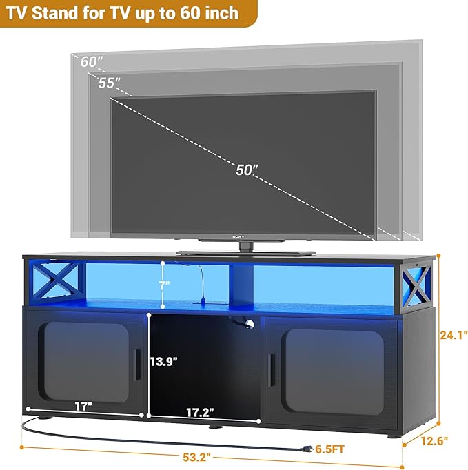Aheaplus TV Stand for 55 60 Inch TV, Entertainment Center with LED Light & Charging Station, TV Console Table, Large Media Console Cabinet w/Soundbar Shelf, Cord Holes, for Living Room, Bedroom, Black - LeafyLoom
