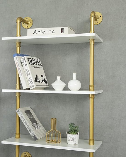 Industrial Gold Bookshelf-6 Tier Wall Mounted Ladder Bookshelf, Rustic Gold Storage Book Shelves Display Bookcases for Living Room/Home/Office - LeafyLoom