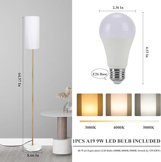 BoostArea Floor Lamp for Living Room with 3 Color Temperatures Bulb, Modern Floor Lamps, Classic Tall Lamp for Office, Standing Lamps for Bedroom, Kids Room, Study(9W LED Bulb, White Linen Shade) - LeafyLoom