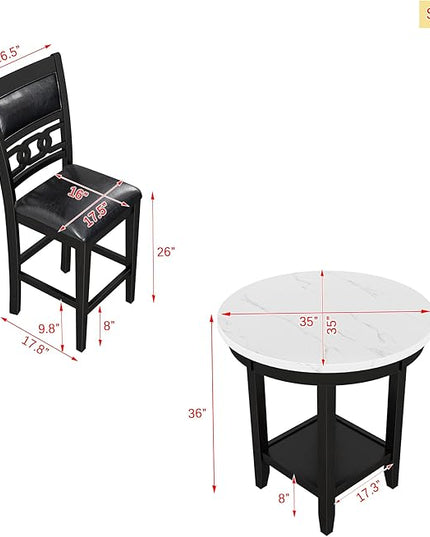5-Piece Retro Counter Height Round Dining Table Set with Faux Marble Veneer and Bottom Shelf, 4 PU Leather Upholstered Chairs, for Kitchen, Breakfast Nook, Bar, Living Room, Dark Espresso - LeafyLoom