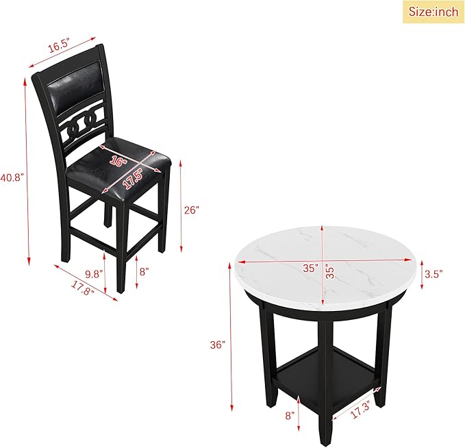 5-Piece Retro Counter Height Round Dining Table Set with Faux Marble Veneer and Bottom Shelf, 4 PU Leather Upholstered Chairs, for Kitchen, Breakfast Nook, Bar, Living Room, Dark Espresso - LeafyLoom