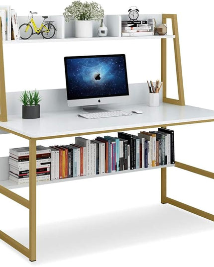 Tribesigns Computer Desk with Hutch, 47 inches Home Office Desk with Space Saving Design with Bookshelf for Small Spaces (White &gold, 47) - LeafyLoom
