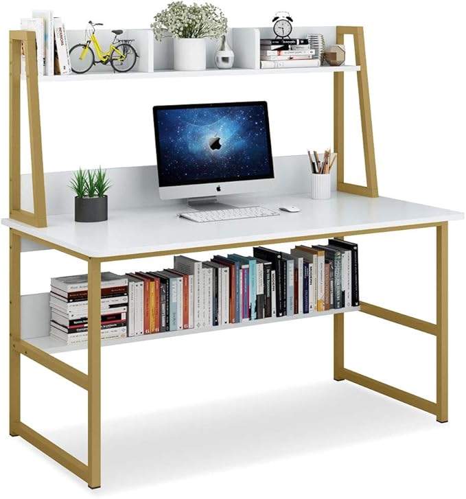 Tribesigns Computer Desk with Hutch, 47 inches Home Office Desk with Space Saving Design with Bookshelf for Small Spaces (White &gold, 47) - LeafyLoom