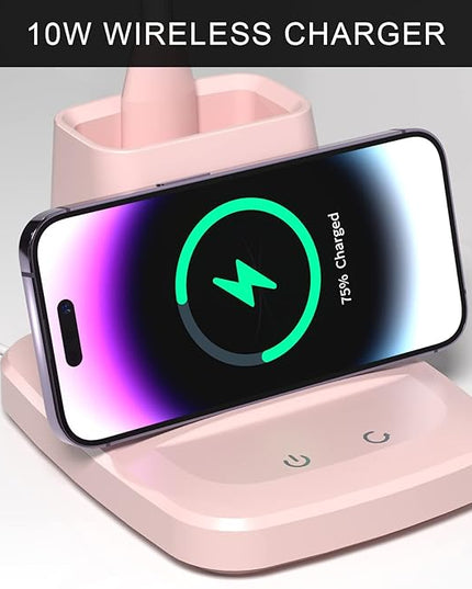 Desk Lamps for Home Office, LED Desk Lamp with Wireless Charger Pencil Holder, 3 Color Modes Dimming Desk Light for College Dorm Room, Girls Study Lamp with CRI 90+ 800 Lumen - Pink - LeafyLoom