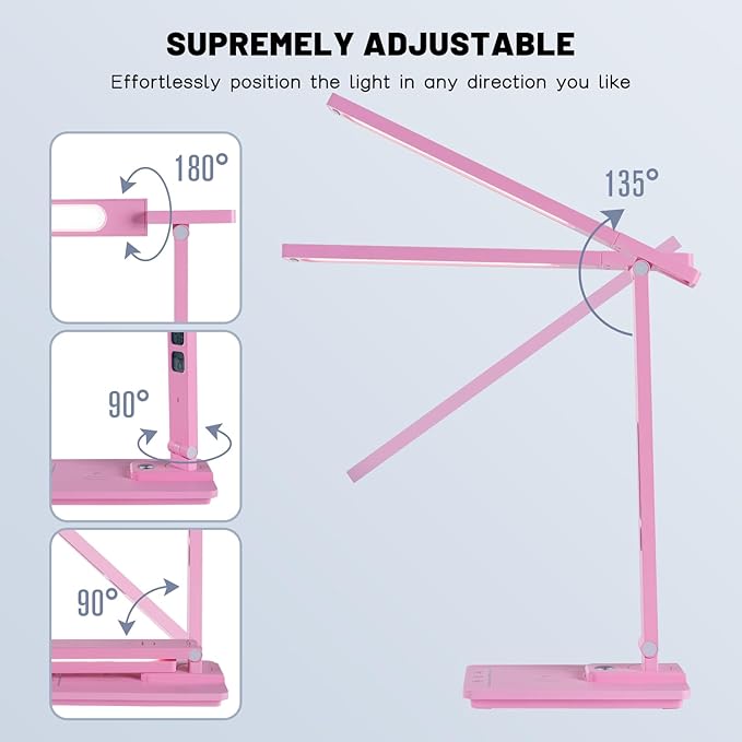 LED Desk Lamp Wireless Charger: Pink Office Table Lamps with USB Port, Reading Lamp for Home with Clock Alarm Temperature | Desk Light with Night Light, Eye-caring Smart Lamp for Dorm College - LeafyLoom