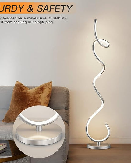 Modern Floor Lamps for Living Room, LED 53" Tall 30W Silver Spiral Corner Floor Lamp with Remote, 3 Color Temperature, Stepless Dimmable, Bright Standing Lamp for Bedroom Home Office Deco - LeafyLoom