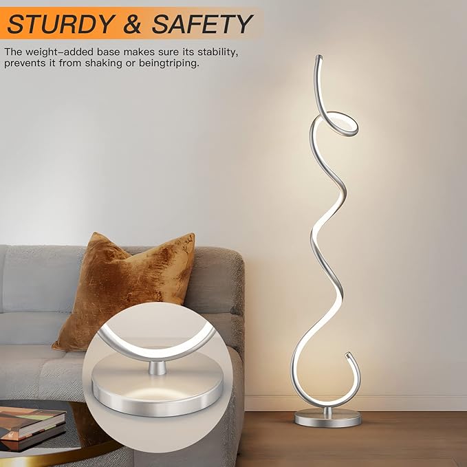 Modern Floor Lamps for Living Room, LED 53" Tall 30W Silver Spiral Corner Floor Lamp with Remote, 3 Color Temperature, Stepless Dimmable, Bright Standing Lamp for Bedroom Home Office Deco - LeafyLoom