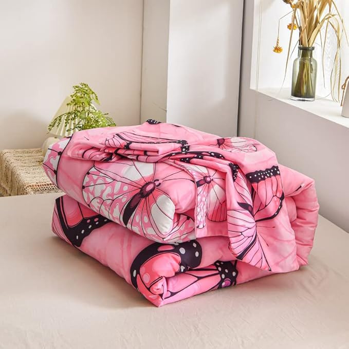 Btargot 3 Piece Pink Butterfly Girls Kids Adults Queen Size Comforter Set, Lightweight Soft All Season Bedding Set with 2 Pillowcases - LeafyLoom