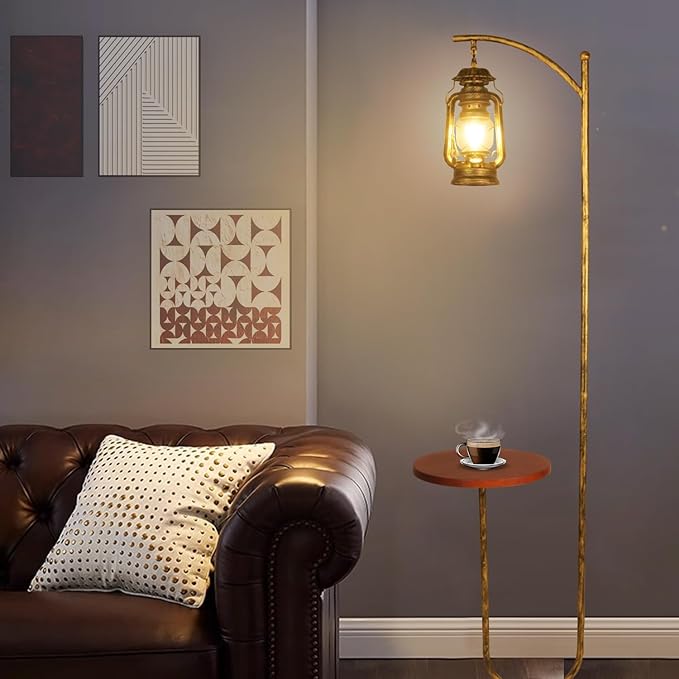 Hsyile Floor Lamp for Living Room Bedroom with Table and Shelves Retro Horse Lantern Floor Lamp with Remote Dimmable Farmhouse Standing Lamp (Bronze) - LeafyLoom