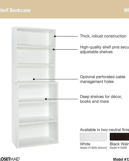 ClosetMaid Bookshelf with 6 Shelf Tiers, Adjustable Shelves, Tall Bookcase Hutch, Sturdy Wood With Closed Back Panel, White Finish - LeafyLoom