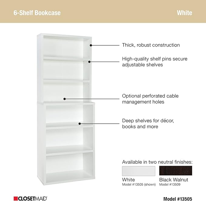 ClosetMaid Bookshelf with 6 Shelf Tiers, Adjustable Shelves, Tall Bookcase Hutch, Sturdy Wood With Closed Back Panel, White Finish - LeafyLoom