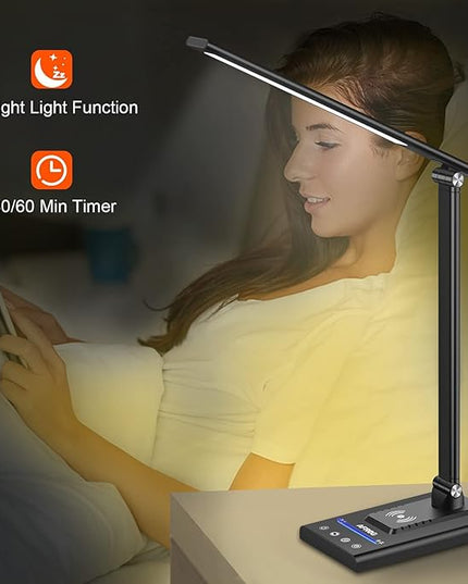 AFROG 5th Gen Multifunctional LED Desk Lamp with 10W Fast Wireless Charger, USB Charging Port,1800Lux Super Bright,5 Lighting Mode,7 Brightness, Touch Control, Auto Timer, 15W Office Table Lamp - LeafyLoom