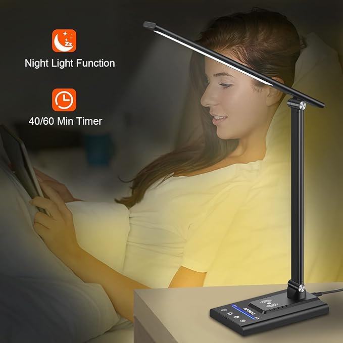 AFROG 5th Gen Multifunctional LED Desk Lamp with 10W Fast Wireless Charger, USB Charging Port,1800Lux Super Bright,5 Lighting Mode,7 Brightness, Touch Control, Auto Timer, 15W Office Table Lamp - LeafyLoom