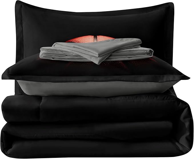 Teenage Boy Bedding Sets Full Size 5 Pieces Basketball Comforter Set for Boys Bed in a Bag Set, Basketball Bedding Full, Red Black - LeafyLoom