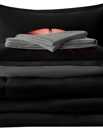 Teenage Boy Bedding Sets Twin 4 Pieces Basketball Comforter Set for Boys Twin Size Bed in a Bag Set, Basketball Bedding Twin, Red Black - LeafyLoom