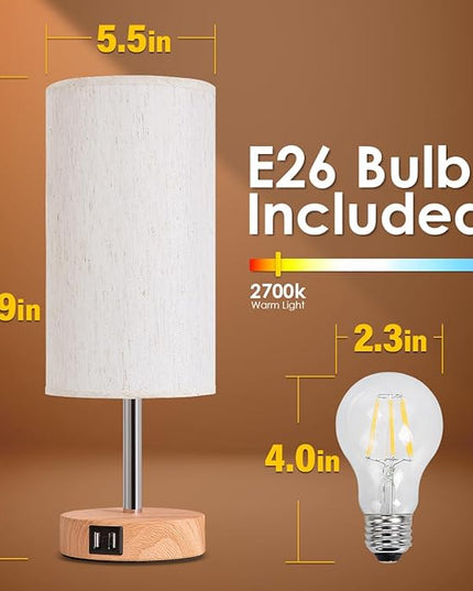 Yarra-Decor Bedside Table Lamp with USB Port - Touch Control for Bedroom Wood 3 Way Dimmable Nightstand Lamp with Round Flaxen Fabric Shade for Living Room, Dorm, Home Office (LED Bulb Included) - LeafyLoom