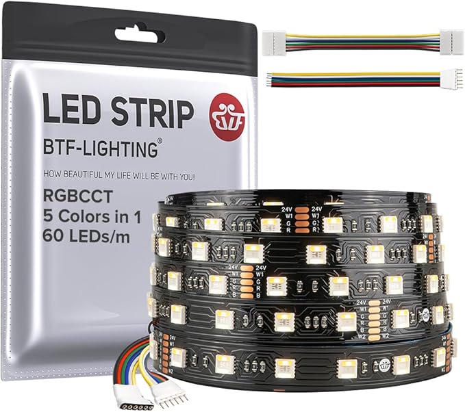 BTF-LIGHTING RGBCCT 5 Colors in 1 LED 5050SMD RGBWW RGB+Dimmable Tunable Color Temperature 2700K-6500K 16.4ft 60LEDs/m 300LEDs DC24V Multi-Colored Lights IP30 for Decoration(No Adapter or Controller) BTF-LIGHTING