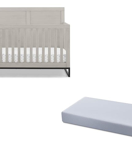 Simmons Kids Foundry 6-in-1 Convertible Baby Crib, Rustic Mist with Matte Black + Quiet Nights Breathable Crib Mattress with Removable/Machine Washable Cover (Bundle) - LeafyLoom