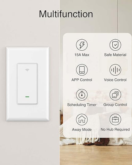 GHome Smart Switch, 2.4Ghz Wi-Fi Switch Works with Alexa, Google Assistant Single-Pole,Neutral Wire Required,UL Certified,Remote/Voice Control and Schedule, No Hub Required, (2 Pack),White GhomeSmart