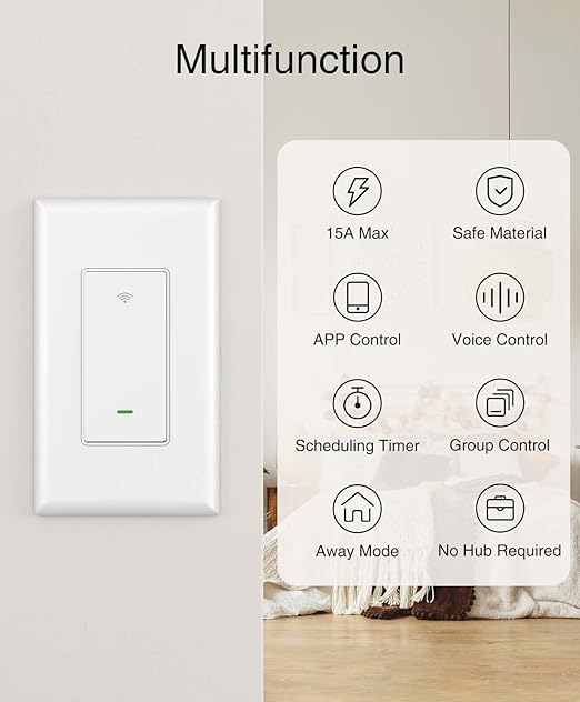 GHome Smart Switch, 2.4Ghz Wi-Fi Switch Works with Alexa, Google Assistant Single-Pole,Neutral Wire Required,UL Certified,Remote/Voice Control and Schedule, No Hub Required, (2 Pack),White GhomeSmart