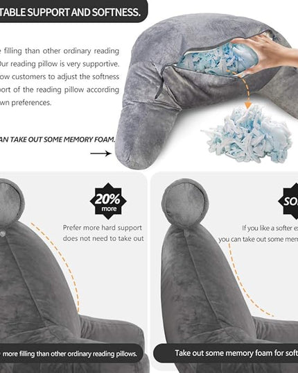 Shredded Foam Reading Pillow with Detachable Neck Roll & Big Bed Backrest Pillow for Bed with Arms and Side Pocket - Perfect for Back Support While Relaxing, Gaming,or Reading - LeafyLoom
