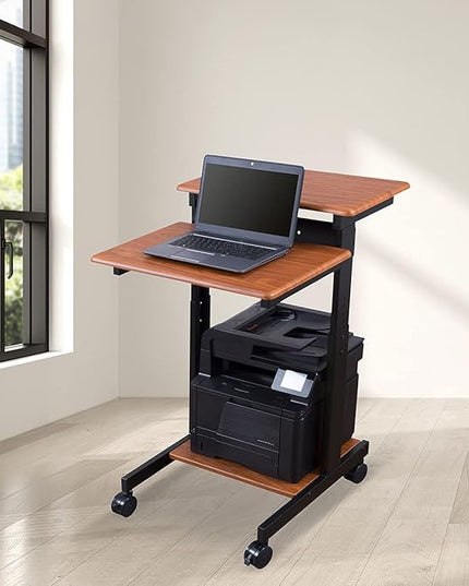 Stand Up Desk Store Rolling Adjustable Height Two Tier Standing Desk Computer Workstation (Black Frame/Teak Top, 24" Wide) - LeafyLoom