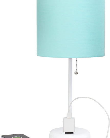 Simple Designs LT1144-AOW Sleek and Slender White Table Lamp with Charging Outlet, for Bedroom, Living Room, Entryway, Office, Dining Room, Study, Aqua Shade - LeafyLoom