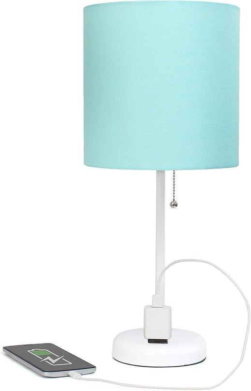Simple Designs LT1144-AOW Sleek and Slender White Table Lamp with Charging Outlet, for Bedroom, Living Room, Entryway, Office, Dining Room, Study, Aqua Shade - LeafyLoom