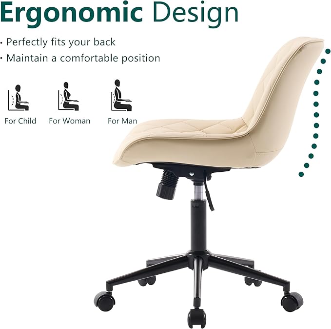 YOUNUOKE Comfortable Desk Chair, Home Office Chairs with Wheels, Armless Samll Comfy Vanity Chairs, PU Leather Computer Task Work Desk Chairs, Beige - LeafyLoom