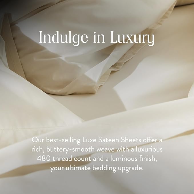 Brooklinen Luxury Sateen 4 Piece Queen Size Sheets Set in Cream - 100% Cotton Sateen Sheets - 1 Fitted Sheet, 1 Flat Sheet, 2 Pillowcases - Best Luxury Sheets Brooklinen