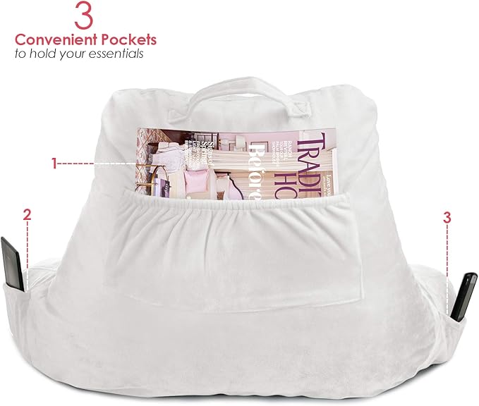 Clara Clark Reading Pillow for Kids, Small Back Pillow for Sitting Up in Bed, Memory Foam Back Support Pillow, Reading Pillows for Sitting in Bed, White Gaming Pillow for Bed with Arms and Pockets - LeafyLoom