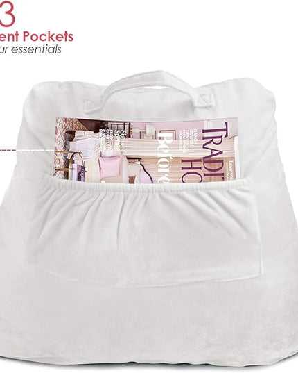 Clara Clark Reading Pillow, Standard Back Pillow for Sitting Up in Bed, Memory Foam Back Support Pillow, Reading Pillows for Sitting in Bed, White Sit Up Pillow for Bed Chair Arm Pillow with Pockets - LeafyLoom