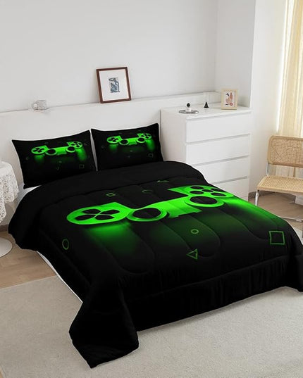 Gamer Comforter Set For Boys Queen,Gaming Bedding Comforters For Kids Teens Men Game Room Decor,Video Game Down Comforter Reversible Retro Green Gamepad Controller Quilt Duvet Sets Home Decor 3 Pcs - LeafyLoom