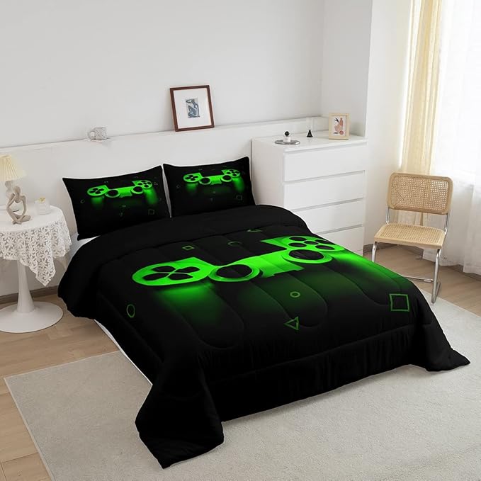 Gamer Comforter Set For Boys Full,Gaming Bedding Comforters For Kids Teens Men Game Room Decor,Video Game Down Comforter Reversible Retro Green Gamepad Controller Quilt Duvet Sets Home Decor 3 Pcs - LeafyLoom
