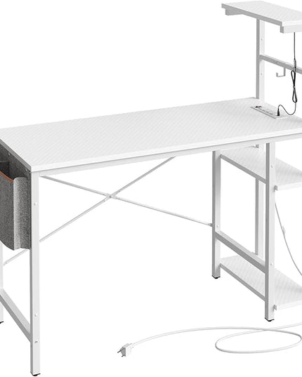 Bestier Gaming Desk with Power Outlets, 44 Inch Led Gamer Desk with 4 Tiers Reversible Shelves, PC Gaming Table with Headset Hook & Side Storage Bag for Bedroom (White 3D Carbon Fiber) - LeafyLoom