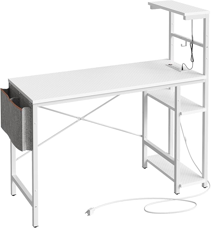Bestier Gaming Desk with Power Outlets, 44 Inch Led Gamer Desk with 4 Tiers Reversible Shelves, PC Gaming Table with Headset Hook & Side Storage Bag for Bedroom (White 3D Carbon Fiber) - LeafyLoom