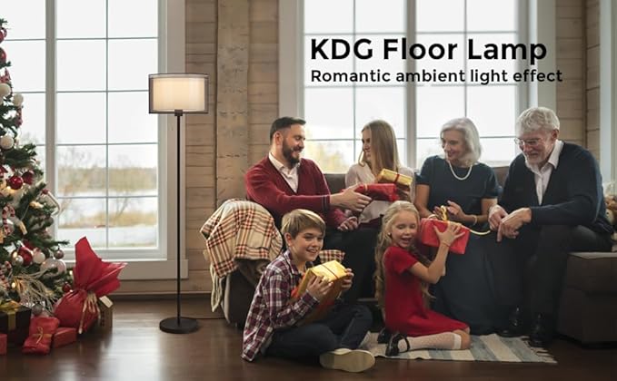 KDG Modern Floor Lamp for Living Room, Tall Standing Floor Lamp Corner Lighting, Fabric Lampshade LED Bulb Bright Pole Light, High Light for Bedroom, Reading, Office, Study Room, Warm Light(Black) - LeafyLoom