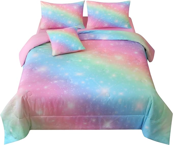 JQinHome Glitter Bedding Set Twin Size,6 Piece Bed in A Bag 3D Colorful Rainbow Galaxy Comforter Set for Girls Kids-All Season Microfiber Tie-Dye Bedding Sets(Rainbow) - LeafyLoom