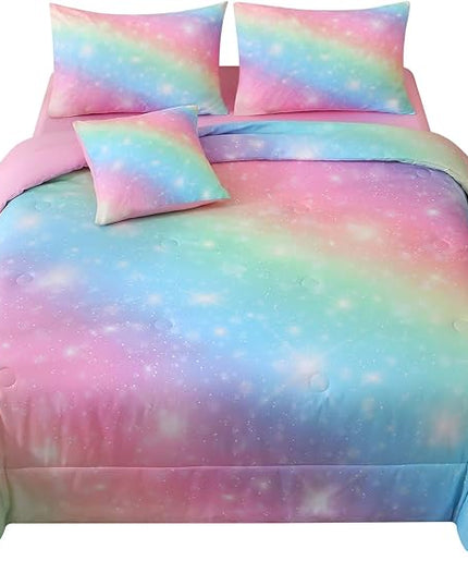 JQinHome Glitter Bedding Set Full Size,6 Piece Bed in A Bag 3D Colorful Rainbow Galaxy Comforter Set for Girls Kids-All Season Microfiber Tie-Dye Bedding Sets(Rainbow) - LeafyLoom